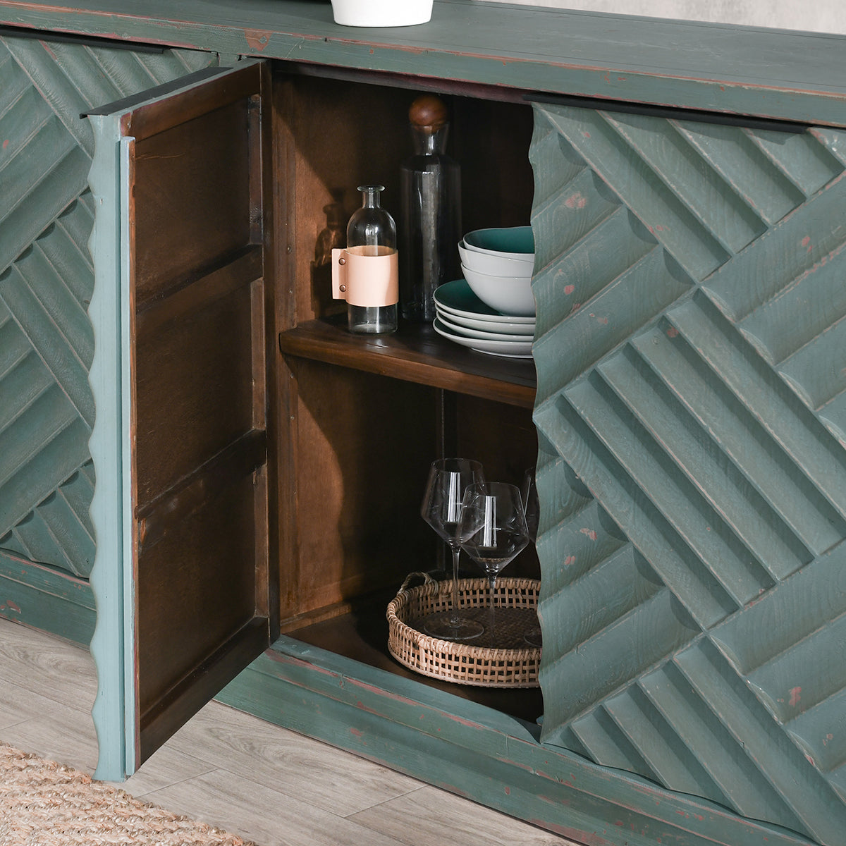 Mateo Reclaimed Pine 4 Door Cabinet Teal - OL