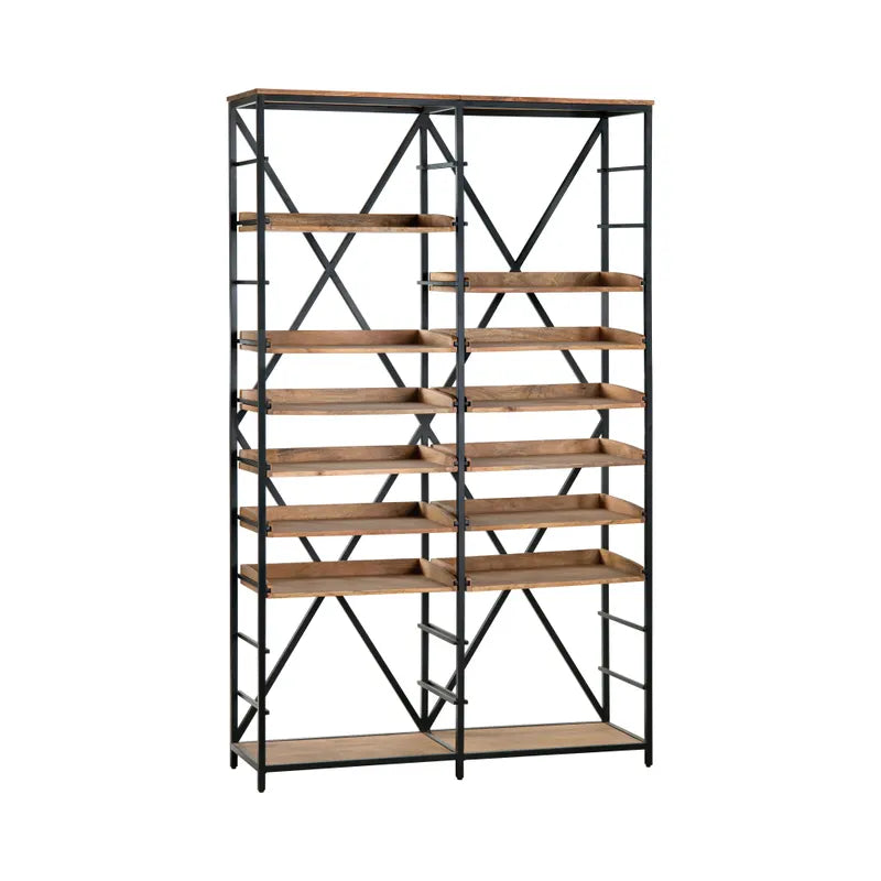 Harrington double industrial étagère with natural wood shelves on a dark iron frame with cross-bracing