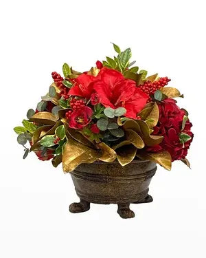 Faux Amaryllis Camellia Floral Arrangement in Planter